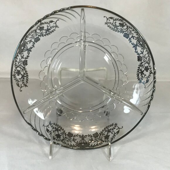 Vintage Silver Overlay Glass 3-Section Divided 9" Dish - Picture 2 of 8